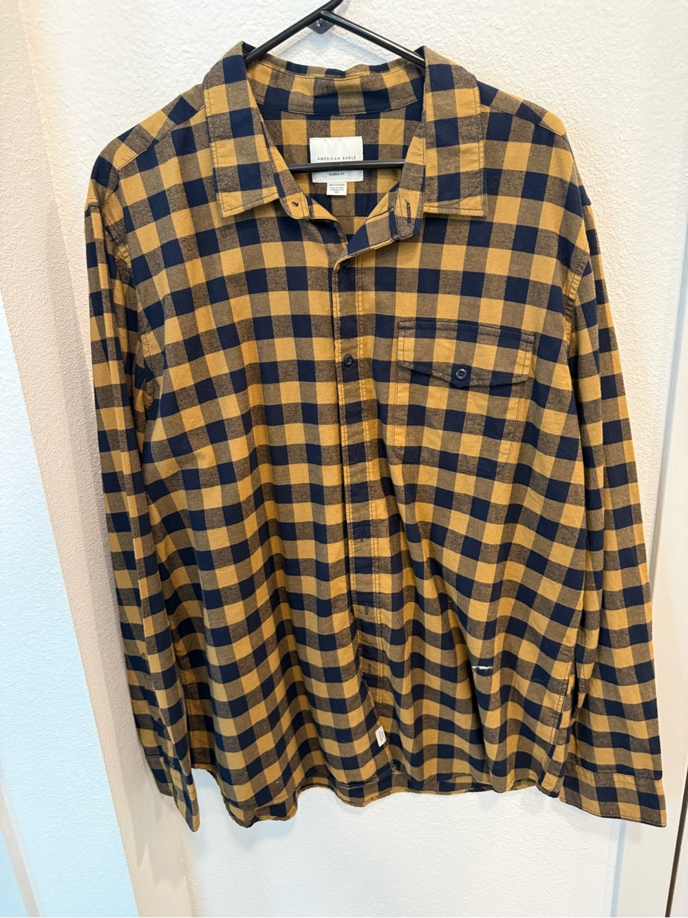 American Eagle Outfitters Navy and Mustard Check Button-Down Shirt